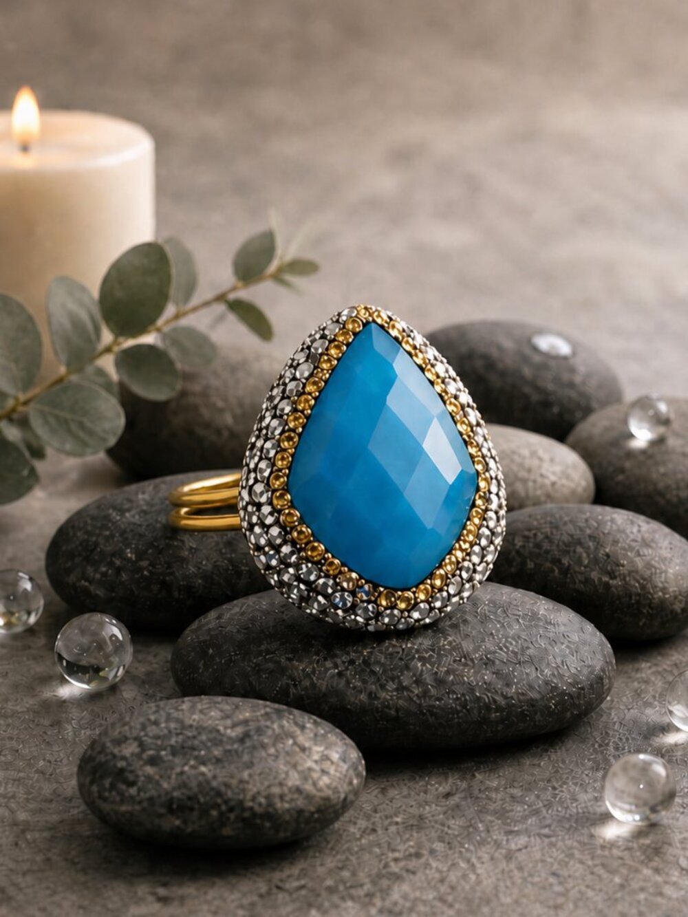 Turkish Mob Wife Aegean Blue Cat's Eye Hematite Gold Brass Cocktail Ring Adj 7-9